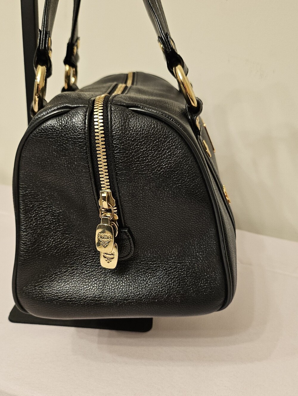 MCM Black Pebbled Leather Boston Bowler Satchel – Gold Hardware - Picture 5 of 16
